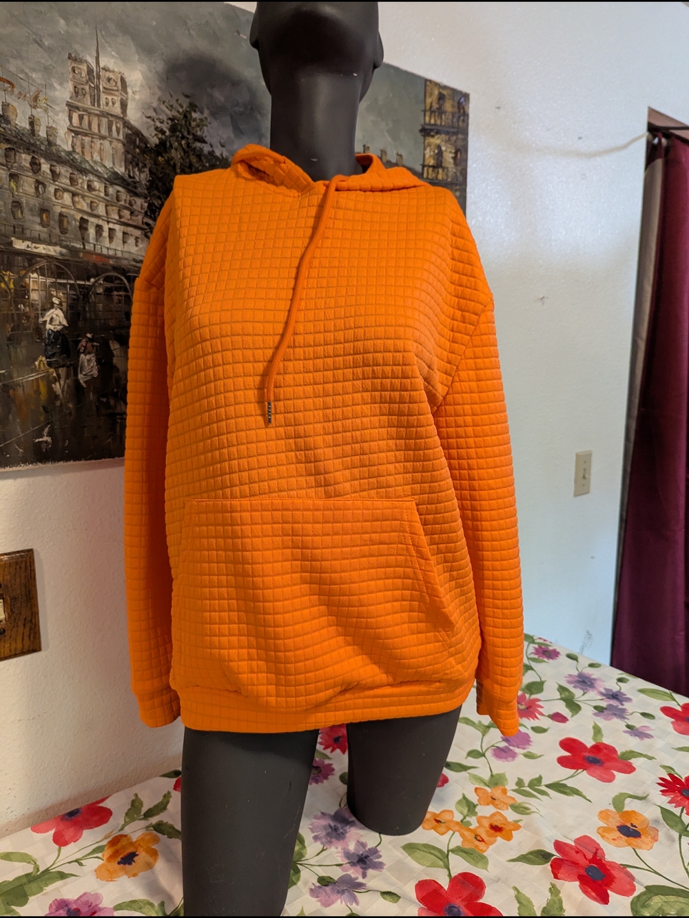 Orange Quilted Hoodie Sweater - Women's Casual Pullover